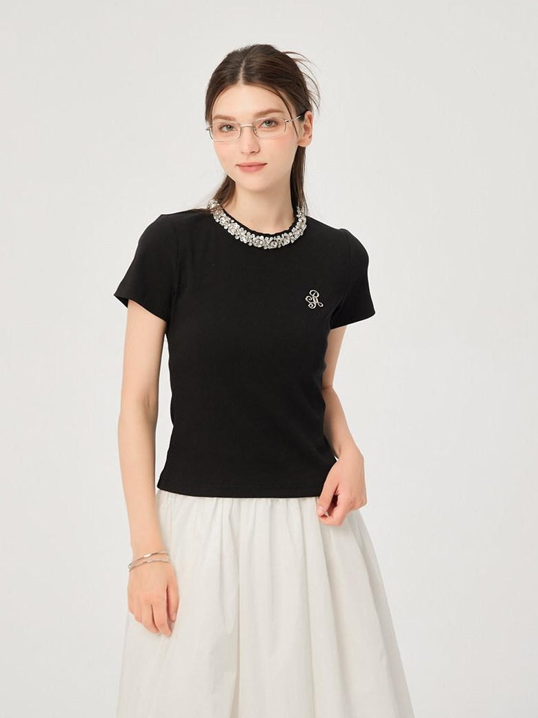 ikyou Durable Cotton Blend Slim Fit Short Sleeve Crewneck Women Black Basic Crop Tops