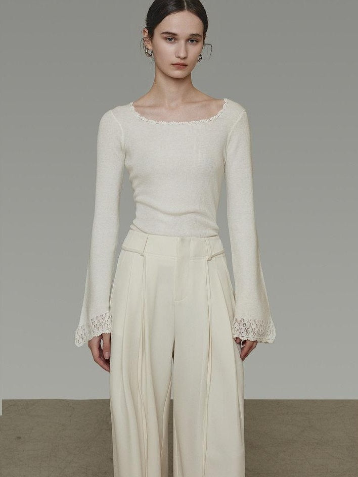 unspoken Breathable Slim Fit Lace Square Neck Women Long Sleeve Knit White Blouses