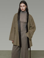 unspoken Minimal Patchwork Loose Fit V-neck Tie Closure Women Commuter Wool Coats