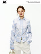 ikyou Shape Retention Slim Fit Pleated Embroidered Plaid Collared Long Sleeve Shirts