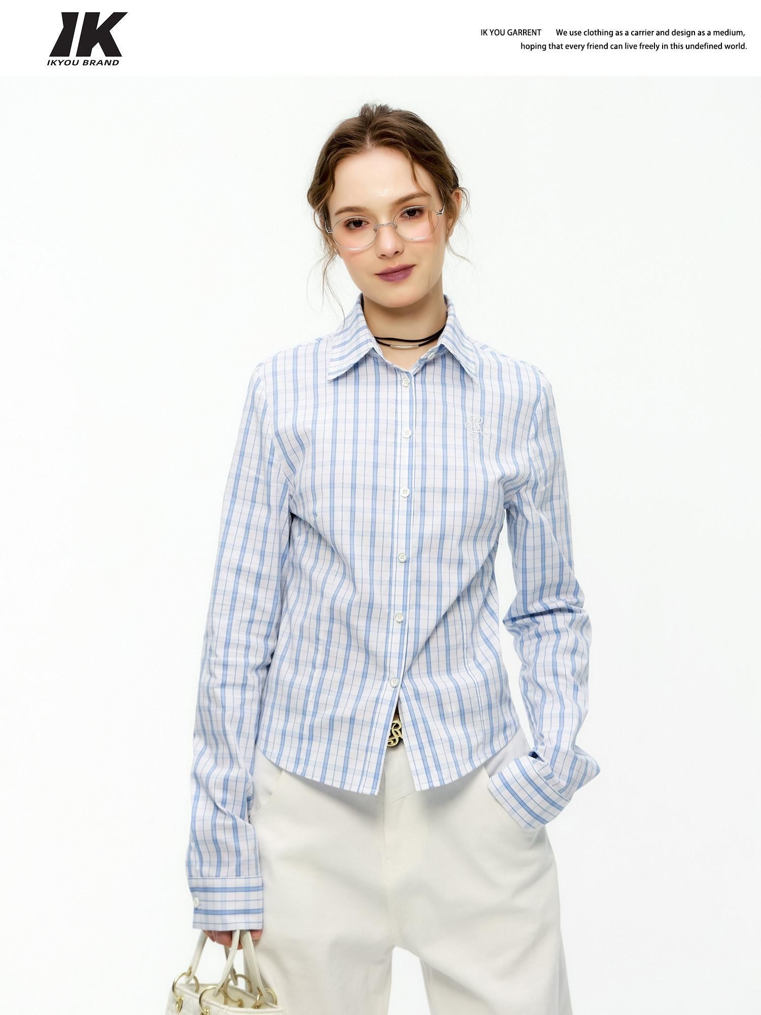ikyou Shape Retention Slim Fit Pleated Embroidered Plaid Collared Long Sleeve Shirts