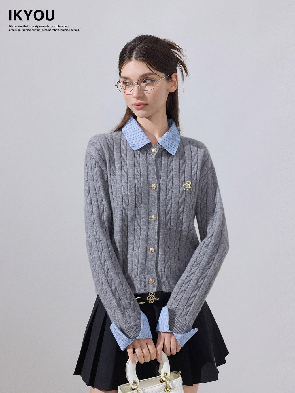 ikyou Soft Preppy Slim Faux Layer Women Casual Long Sleeve Crewneck Grey Cardigans