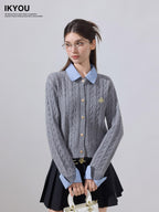 ikyou Soft Preppy Slim Faux Layer Women Casual Long Sleeve Crewneck Grey Cardigans