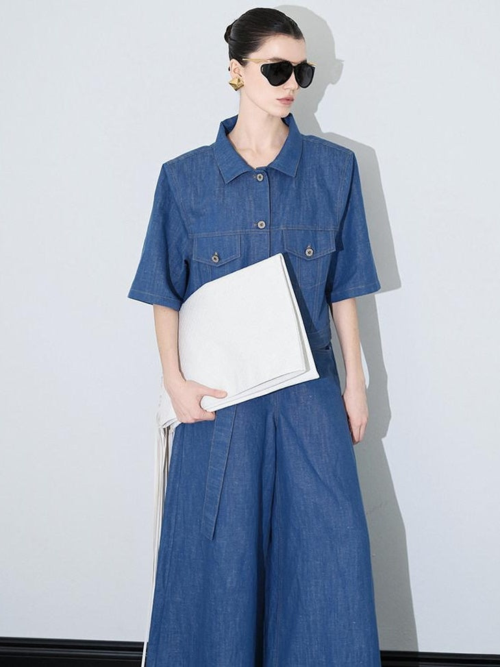 audreyyang Linen Blend Collared Short Sleeve Button Casual Denim Blue Top & Skirt Sets