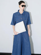 audreyyang Linen Blend Collared Short Sleeve Button Casual Denim Blue Top & Skirt Sets
