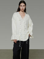 unspoken Breathable V-neck Drawstring Loose Casual Pullover Women Commuter Sweaters