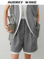 audreyyang Linen Blend Commuter Straight Natural Waist Heather Gray Mid-Length Shorts