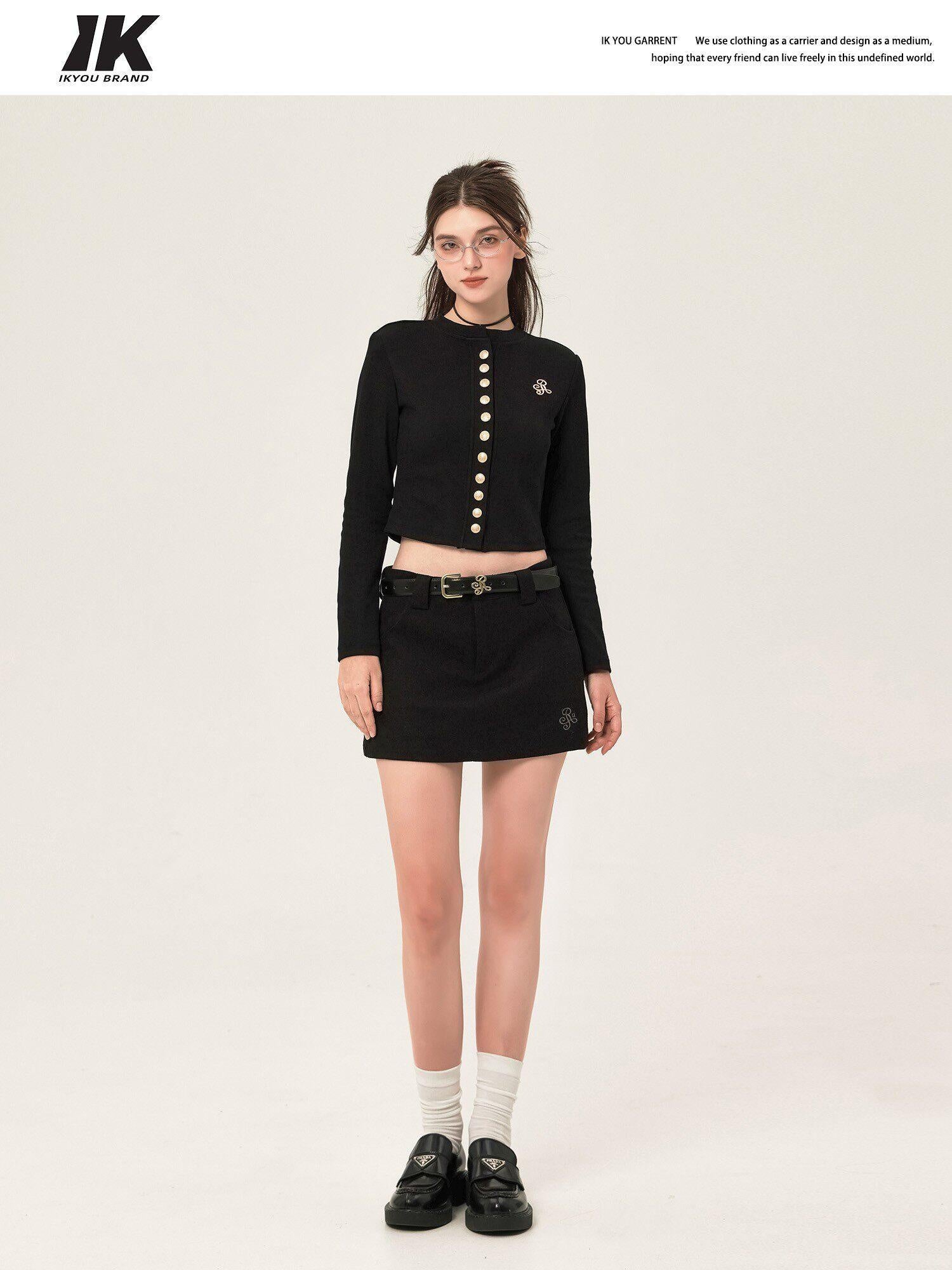 ikyou Shape Retention Lined Embroidered A Line Mid Waist Slim Women Black Mini Skirts