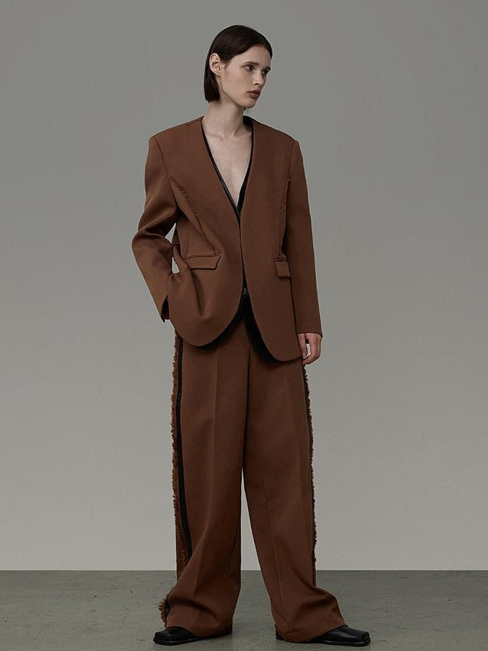 unspoken High Cotton Blend Minimalist Tailored Contrast Brown Black Women Top & Pants Sets