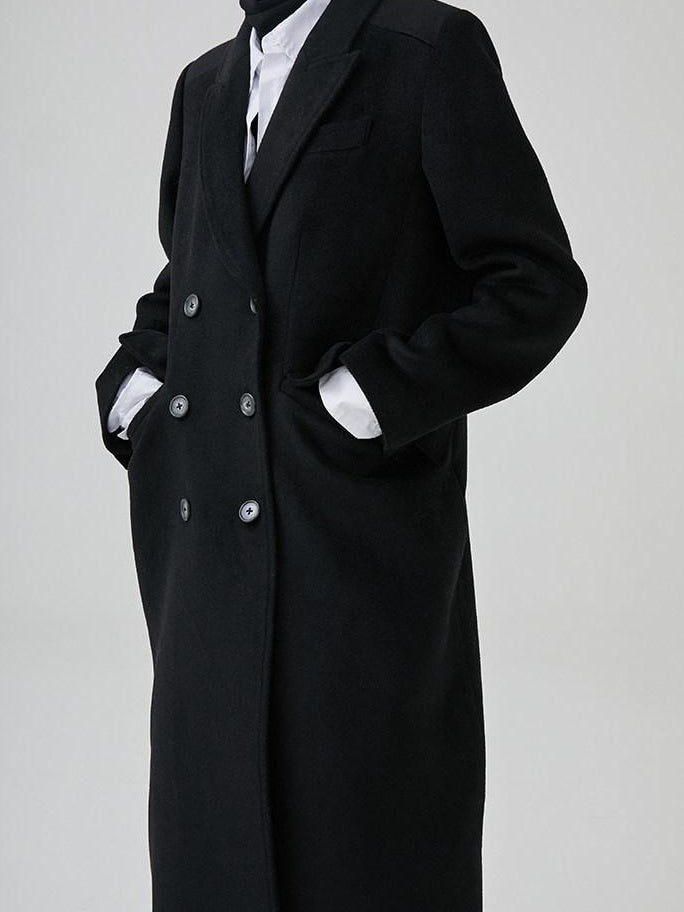 fano Thick Doublebreasted Blazer Collar Commuter Midlength Women Black Long Coats