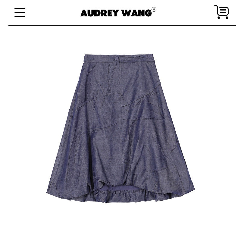 audreyyang_Original_Pleated_Faux_Denim_Relaxed_Buttoned_Collared_Girls_Top_&_Skirt_Sets_MISSTT