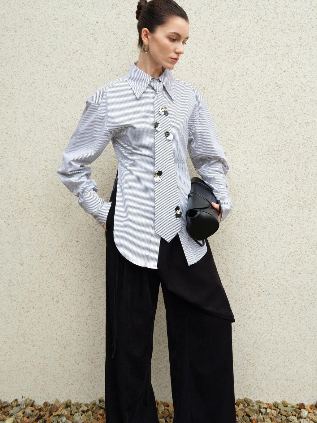audreyyang Original Design Relaxed Tie Neck Collared Tencel Cotton Striped Blouses