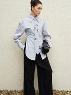 audreyyang Original Design Relaxed Tie Neck Collared Tencel Cotton Striped Blouses