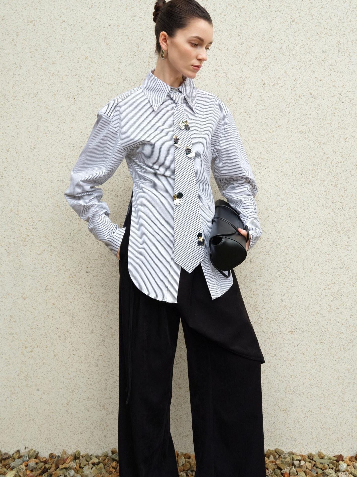audreyyang Original Design Relaxed Tie Neck Collared Tencel Cotton Striped Blouses