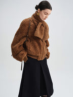 audreyyang Lambswool Trim Stand Collar Straight Short Zip Women Casual Bomber Jackets