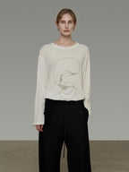 unspoken Lightweight Printed Minimalist Loose Round Neck Women Cream Pullover Sweaters