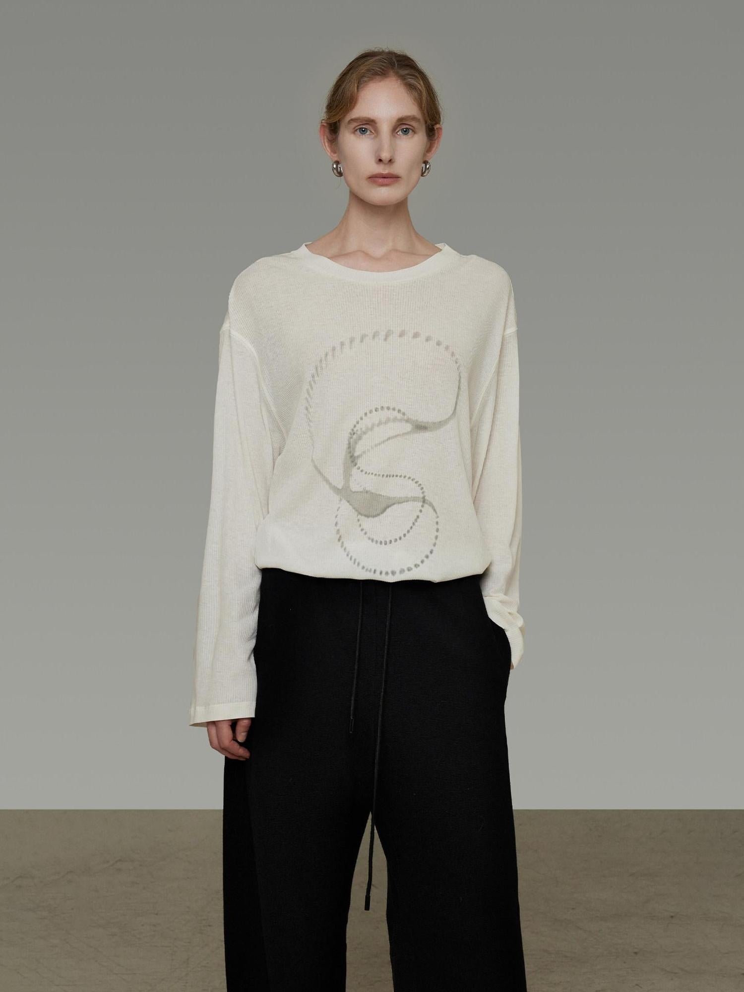 unspoken Lightweight Printed Minimalist Loose Round Neck Women Cream Pullover Sweaters
