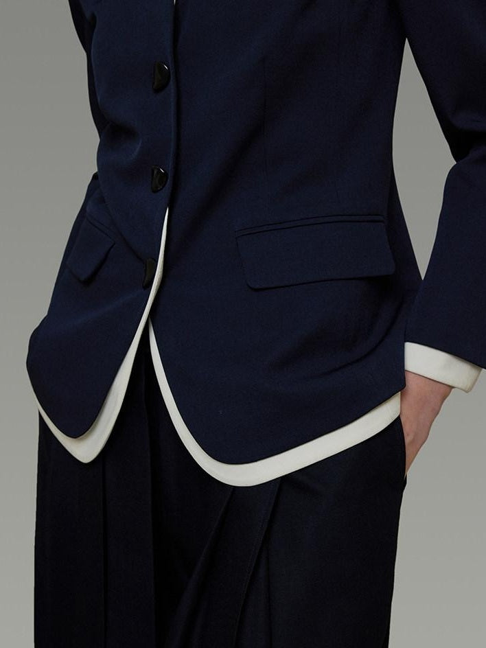 unspoken Durable Shape Loose Office Button Flap Pocket Women Navy Cropped Jackets