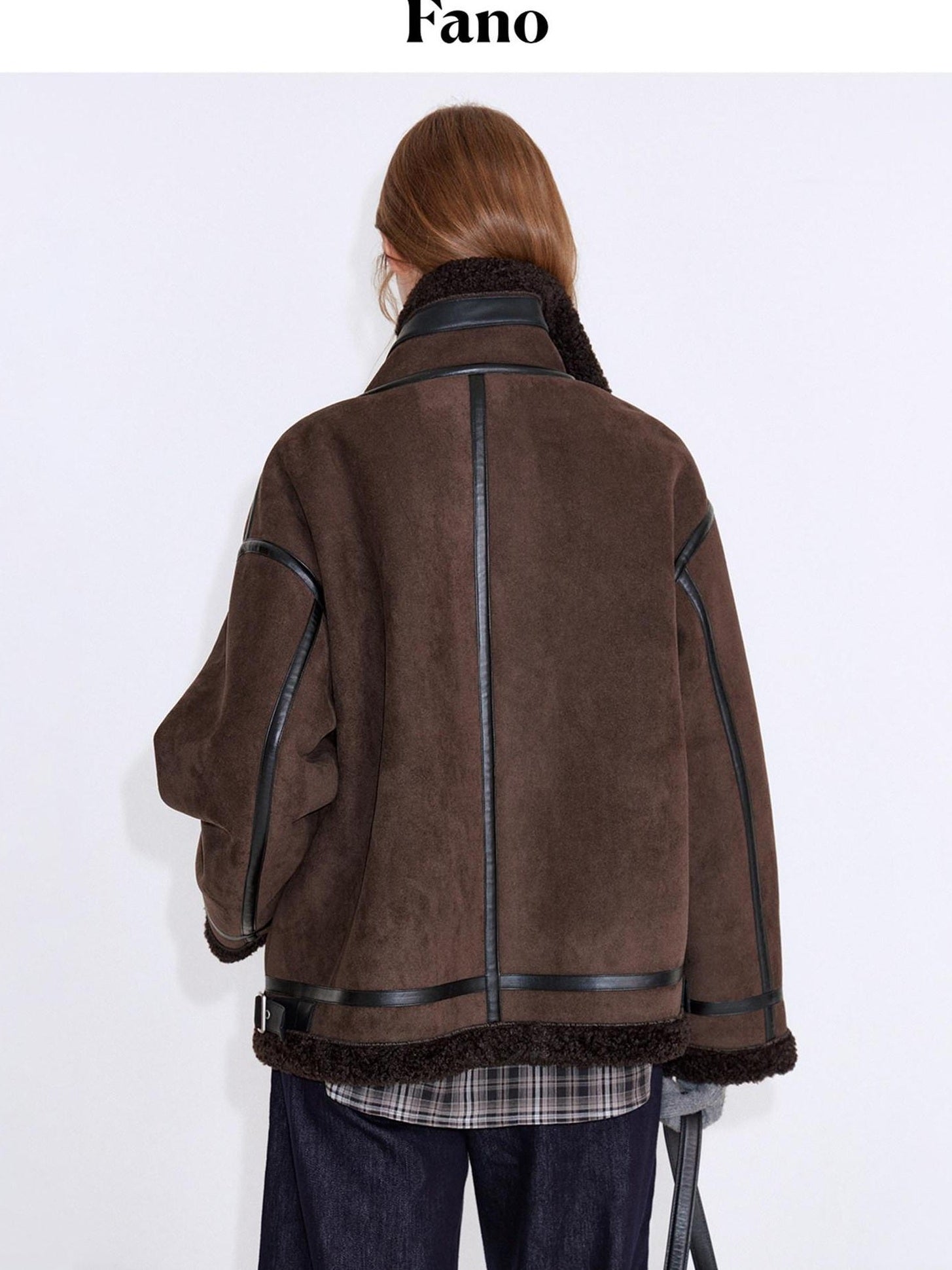 fano Chocolate Brown Fur Lined Stand Collar Loose Fit Casual Women Zip Bomber Jackets