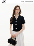 ikyou Soft Stretch Cotton V-neck Slim 3D Commuter Women T Shirt Basic Crop Tops