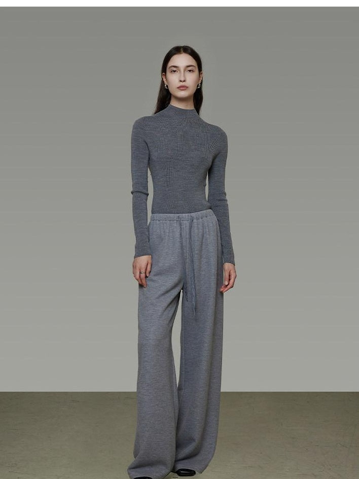 unspoken Breathable High Rise Tie Waist Office Solid Light Gray Poly Blend Wide Leg Pants