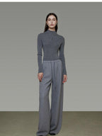 unspoken Breathable High Rise Tie Waist Office Solid Light Gray Poly Blend Wide Leg Pants
