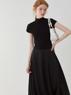 fano High Waist Minimalist Office A Line Short Sleeve Mock Neck Black Midi Dresses
