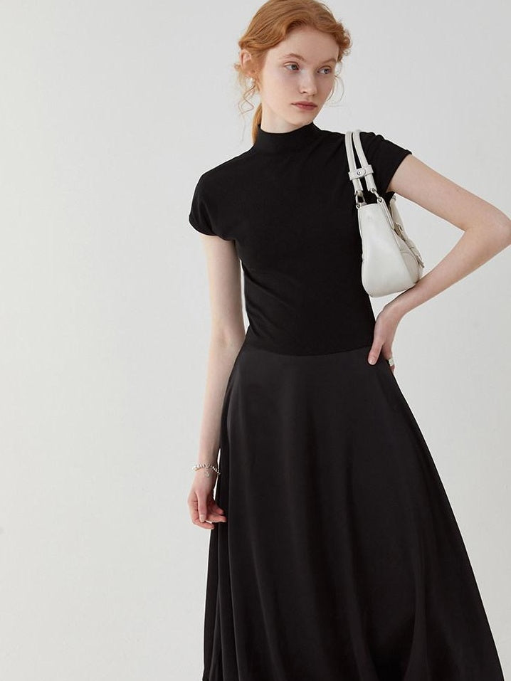 fano High Waist Minimalist Office A Line Short Sleeve Mock Neck Black Midi Dresses