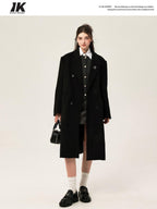 ikyou Wool Blend Double Breasted Straight Mid Length Office Tailored Black Long Coats