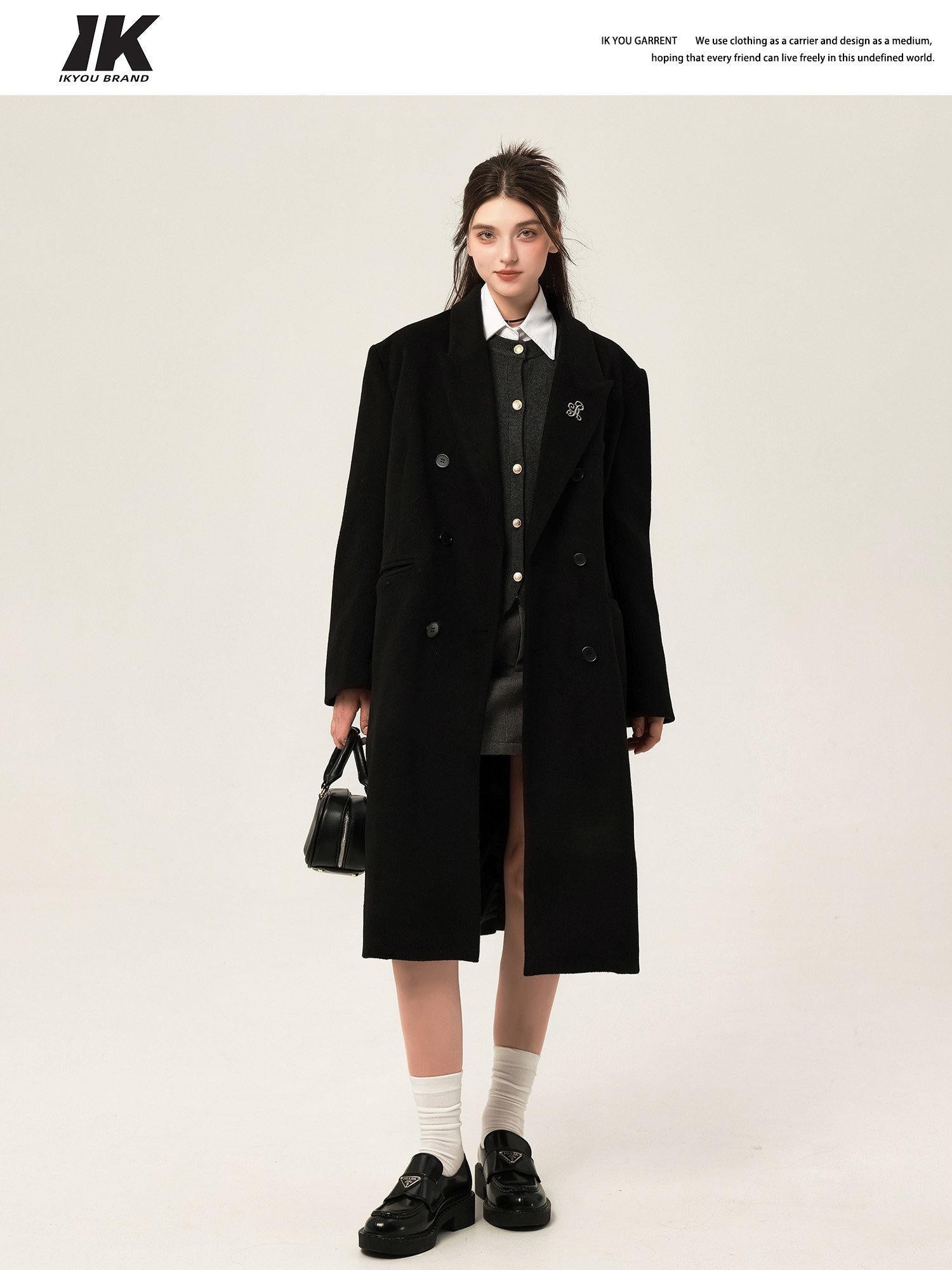 ikyou Wool Blend Double Breasted Straight Mid Length Office Tailored Black Long Coats