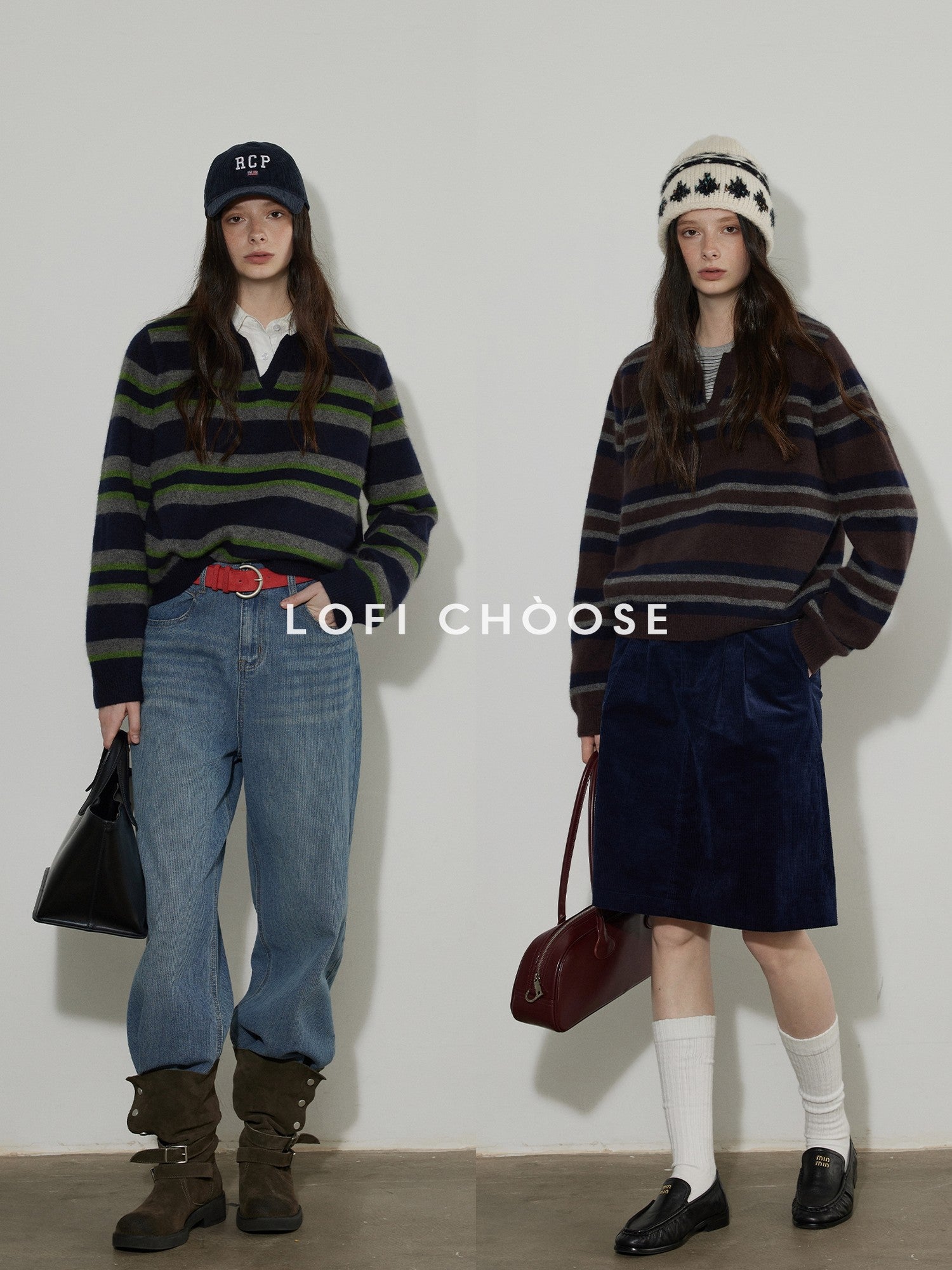 Lofi choose Soft Knitted Pullover Commuter Oversized Polo Collar Striped Women Sweaters