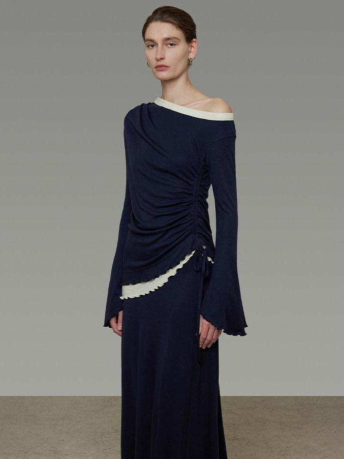 unspoken Navy Tencel Slim Fit Knit Round Neck High Waist Casual Women Top & Skirt Sets