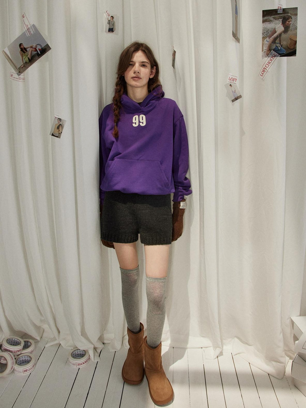 Lofi choose Loose Fit Oversized Hooded Long Sleeve Commuter Casual Purple Gray Hoodie