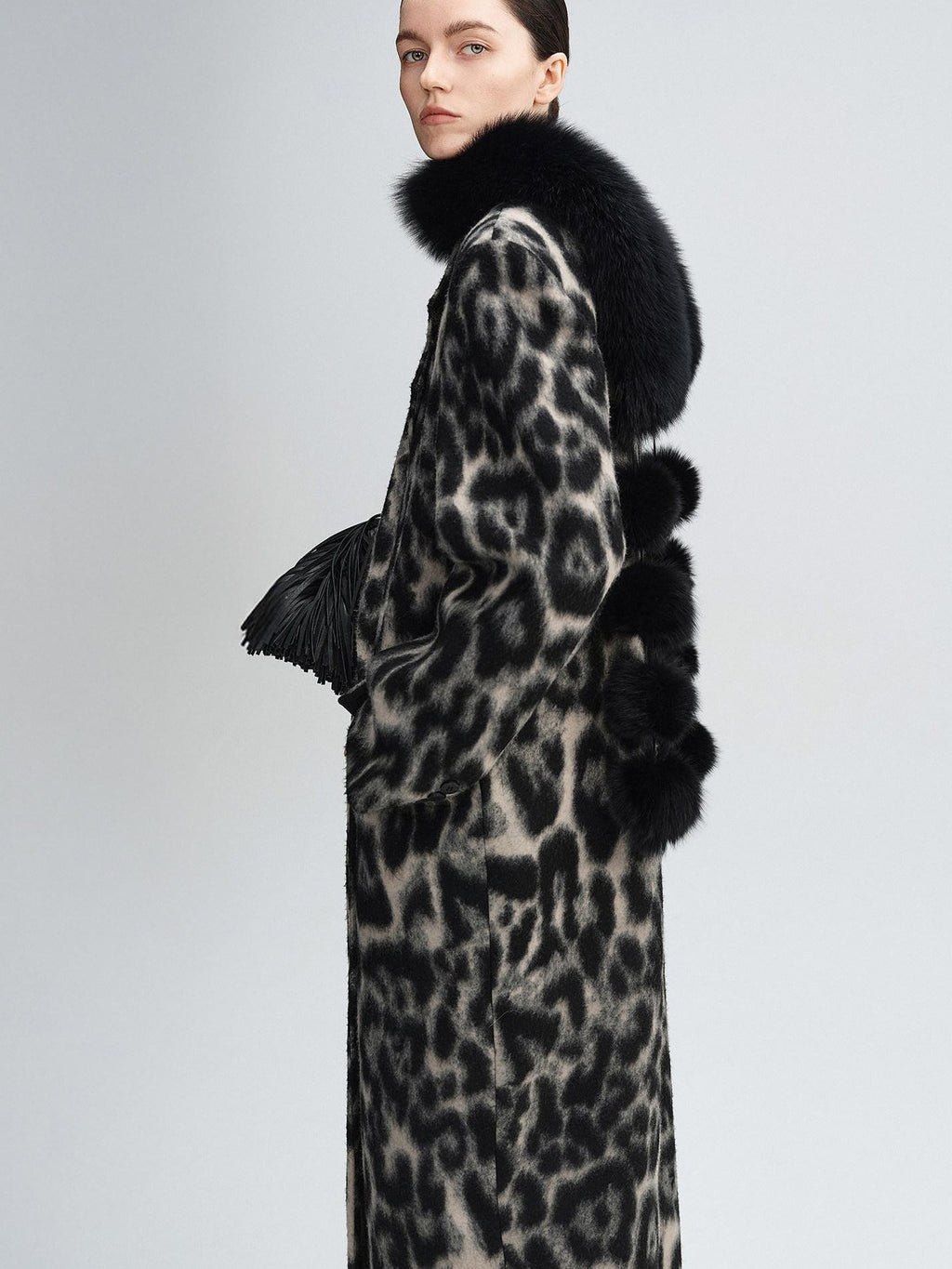 audreyyang Thick Wool Blend Retro Loose Leopard Double Breasted Lapel Long Coats