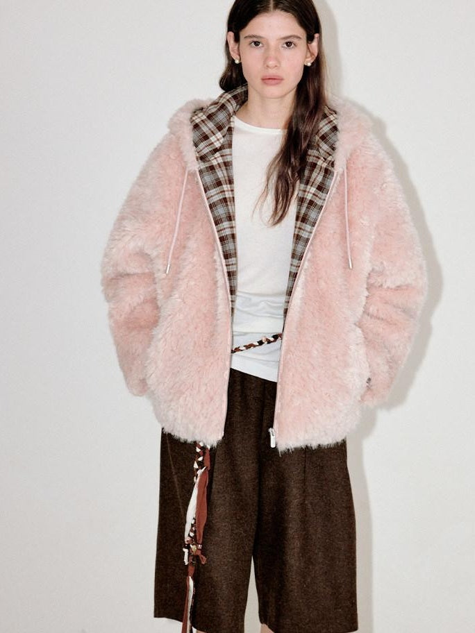 fano Cozy Lotus Pink Plaid Zip Closure Relaxed Loose Fit Womens Outerwear Long Coats