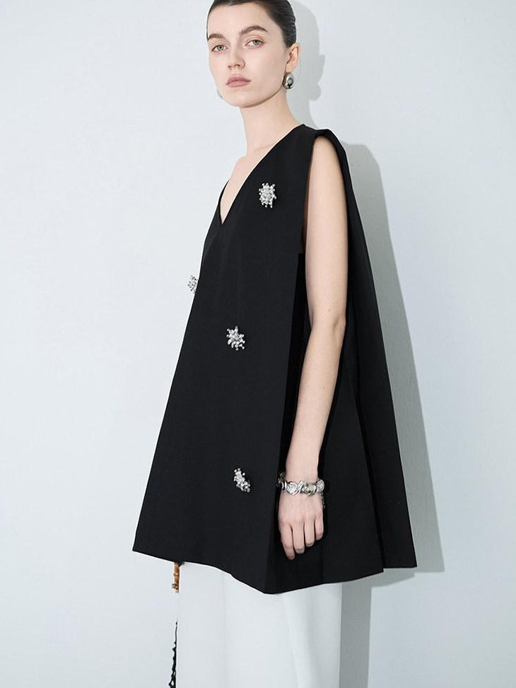 audreyyang Original Beaded Loose V-neck Mid Length Open Front Women Polyester Vests