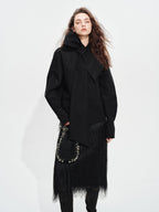 audreyyang Fringe Front Slit Mid Waist Straight Elastic Waist Lined Women Black Midi Skirts