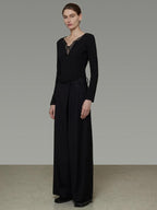 unspoken Viscose Knit Casual Slim Lace Trim Women V-neck Long Sleeve Black Blouses