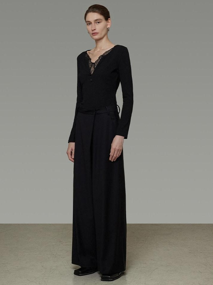 unspoken Viscose Knit Casual Slim Lace Trim Women V-neck Long Sleeve Black Blouses