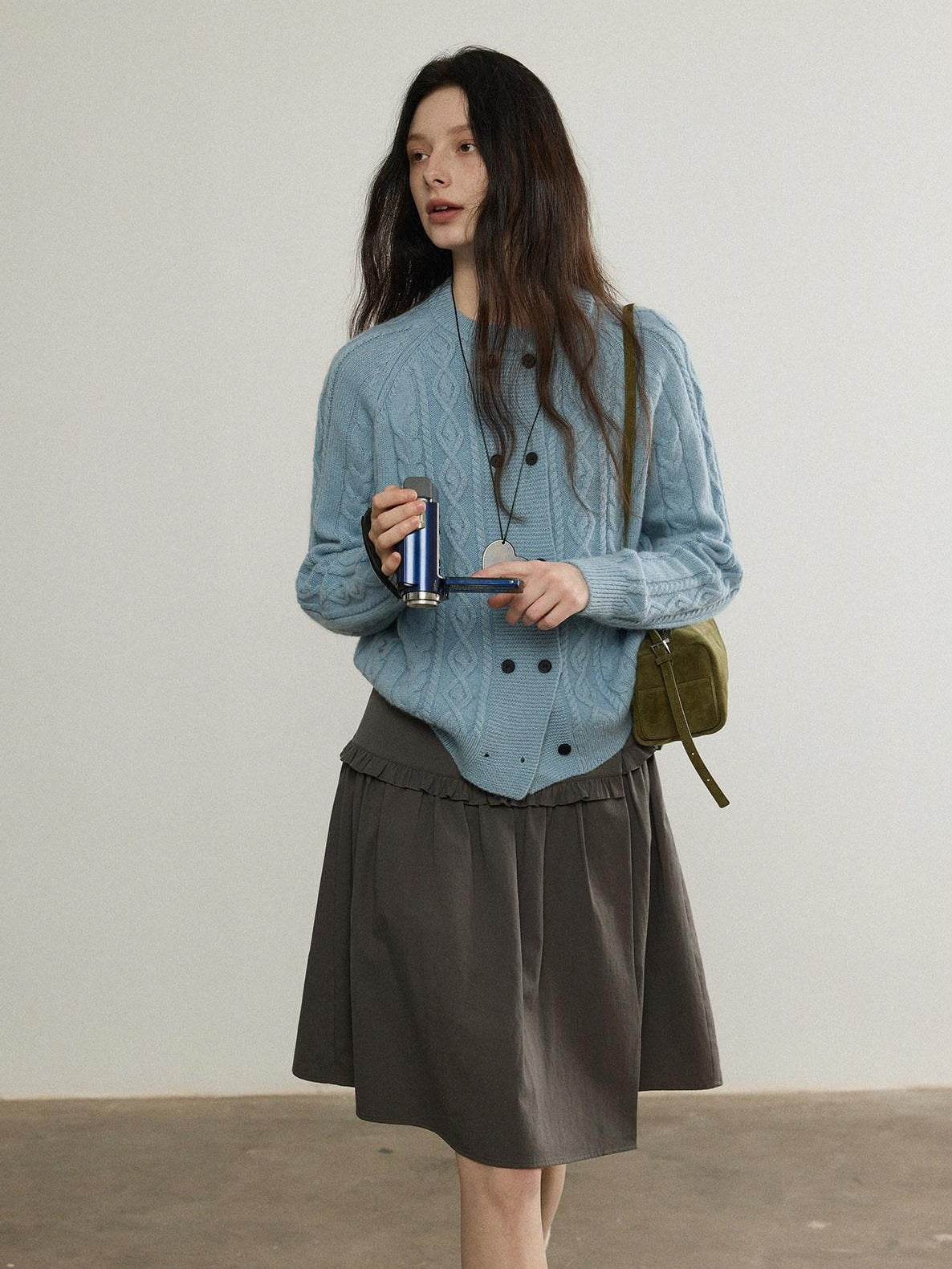 Lofi choose High Waist Ruffle A Line Pleated Cotton Commuter Skirt For Women Midi Skirts