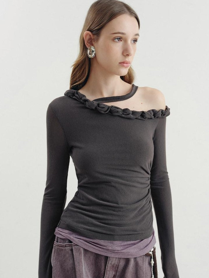 someonesometimes Lyocell Linen Blend Asymmetric Neckline Slim Fit Women Long Sleeve T-Shirts