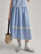 fano 100 Percent Cotton Round Neck Blue White Gingham Top & Skirt Sets