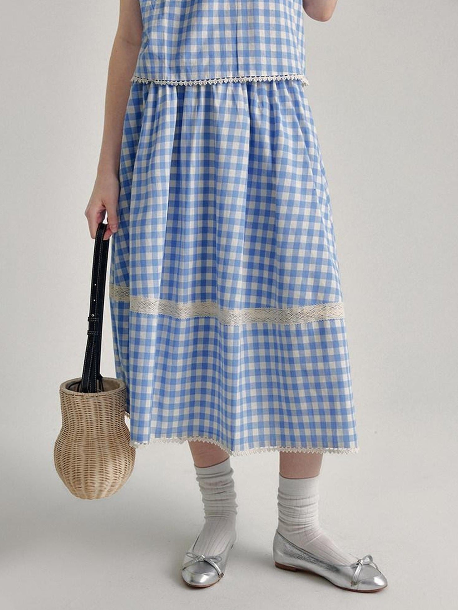 fano 100 Percent Cotton Round Neck Blue White Gingham Top & Skirt Sets