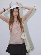 Lofi choose Button Front Loose Workwear Sleeveless Charcoal Off Shoulder Crop Tops