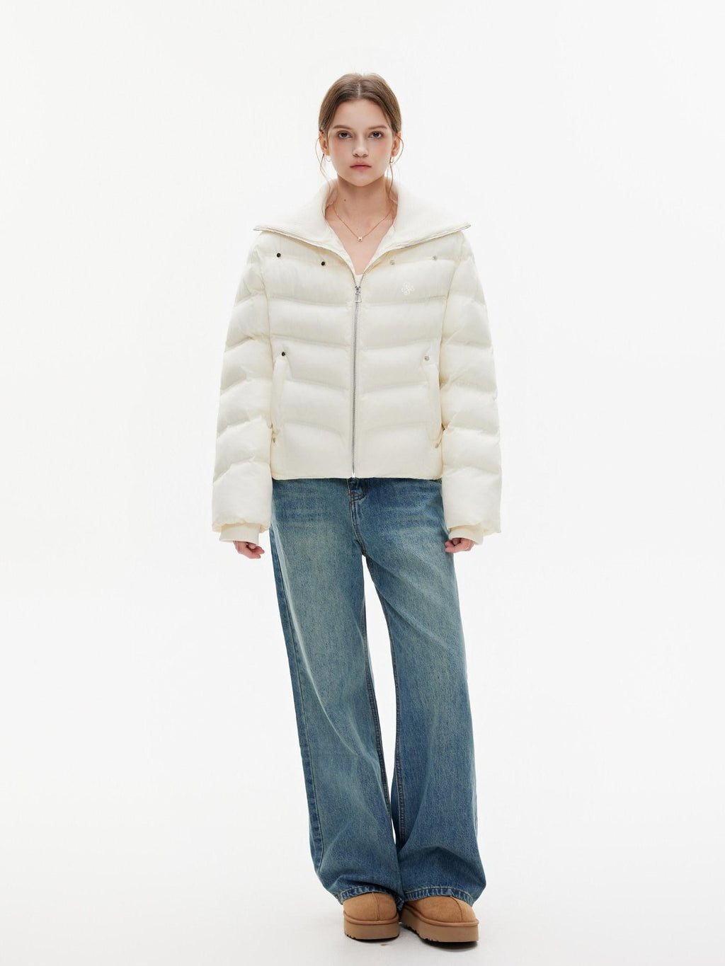ikyou Warm Thick Commuter Loose Pocket Embroidery Zipper White Padded Puffer Jackets