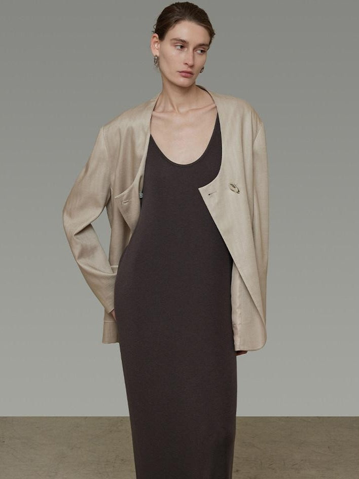 unspoken Breathable Tencel Loose Collarless No Button Minimalist Beige Women Blazers