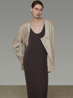 unspoken Breathable Tencel Loose Collarless No Button Minimalist Beige Women Blazers