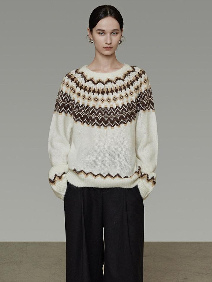 unspoken Warm Colorblock Commuter Loose Fit Crew Neck Pullover Knitwear Beige Sweaters