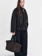 fano Warm Wool Blend Relaxed Stand Collar Drawstring Women Black Gray Short Coat