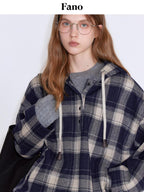fano Soft Stretch Polyester Blend Cozy Relaxed Fit Plaid Pullover Women Hoodie